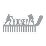 Steel wall art medal holder with two hockey players flanking the word 'Hockey'. A large hockey stick forms the base, featuring 15 hooks. Silver finish on black background.